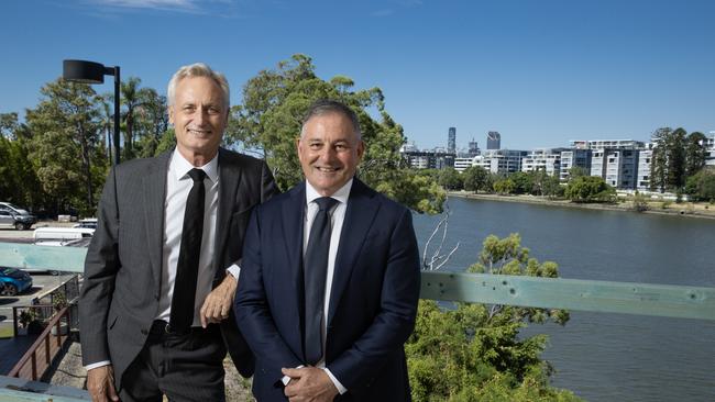 Builder Scott Hutchinson and developer Don O’Rorke on site at their new Monarch development at Toowong. Picture: Lachie Millard