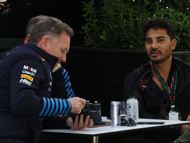 Margin Call - Melbourne Grand Prix - Redbull team principal Christian Horner (L) with Laurence Escalante, Australian billionaire (R). Picture: Angelica Snowden / The Australian