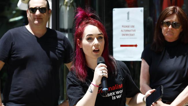 Union members speaking outside 1 William Street in the Brisbane CBD on Wednesday. Picture: NCA NewsWire/Tertius Pickard