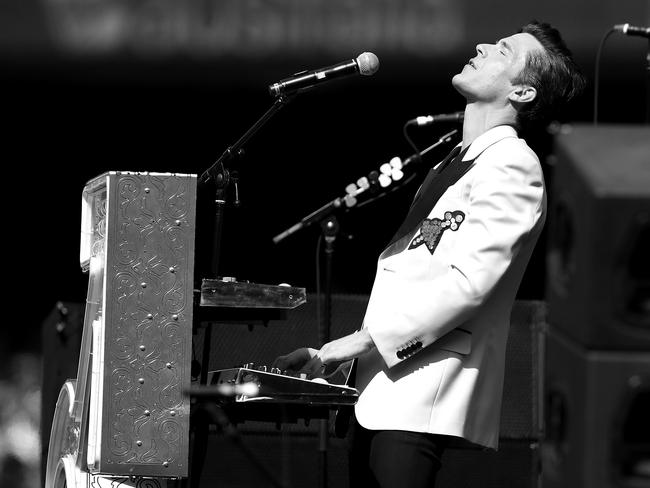 Brandon Flowers on stage at the MCG. Picture: Mark Kolbe/AFL Media/Getty Images