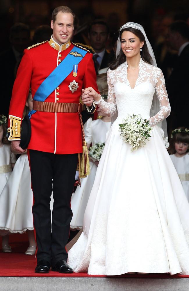 The Royal School of Needlework were tasked with sewing the lace applique on Kate’s custom wedding gown. Picture: Chris Jackson/Getty