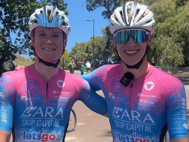 ARA Skip Capital teammates Jonas Shelverton (left) and Alex Hewes after filling the quinella in the junior men's road race at the Road Nationals in Perth.