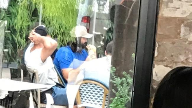 Aaron Woods having a catch-up with Josh Jackson and other Canterbury Bulldogs players. Picture: Supplied