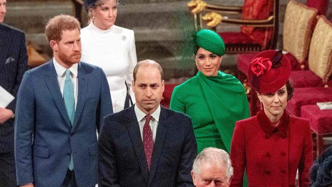 Britain's Prince Harry, Duke of Sussex and Meghan, Duchess of Sussex follow Britain's Prince William, Duke of Cambridge and Catherine, Duchess of Cambridge as they depart Westminster Abbey. Picture: AFP