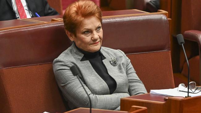 Pauline Hanson watches on as Independent Senator Lidia Thorpe addresses the Senate following her allegation that Liberal Senator David Van sexually assaulted her at Parliament House in Canberra. Picture: NCA NewsWire/Martin Ollman