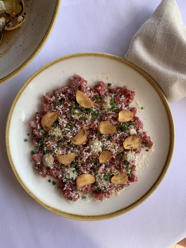 Smoked beef tartare, pickled walnuts, fried garlic at Chianti, Hutt St, Adelaide.