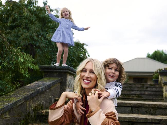 Phoebe Burgess at home with children Poppy (L) and Billy. Picture: Duncan Killick for Vogue Australia