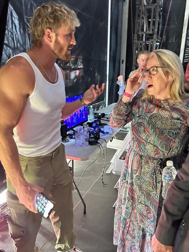 WA Deputy premier Rita Saffioti MLA having "a few words" with Logan Paul backstage at a WWE event in Perth. Picture: Facebook / Rita Saffioti