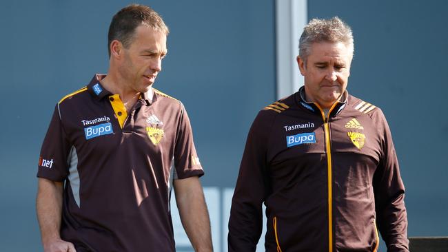 Alastair Clarkson, Hawthorn (left) and Chris Fagan look on during the Hawthorn Hawks training session at the Ricoh Centre, Melbourne on September 04, 2014. (Photo: Michael Willson/AFL Media)