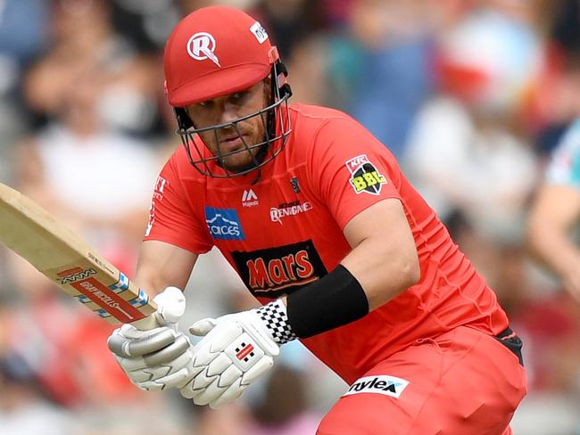 MELBOURNE, AUSTRALIA - JANUARY 27: Aaron Finch of the Renegades hits the ball during the Big Bash League match between the Melbourne Renegades and the Brisbane Heat at Marvel Stadium on January 27, 2020 in Melbourne, Australia. (Photo by Morgan Hancock/Getty Images)