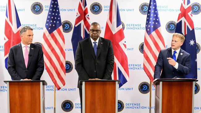 Australian Deputy Prime Minister and Defence Minister Richard Marles, US Defense Secretary Lloyd Austin and British Defense Secretary Grant Shapps hold a press conference during the AUKUS Defense Ministerial Meeting in Mountain View, California. Picture: AFP
