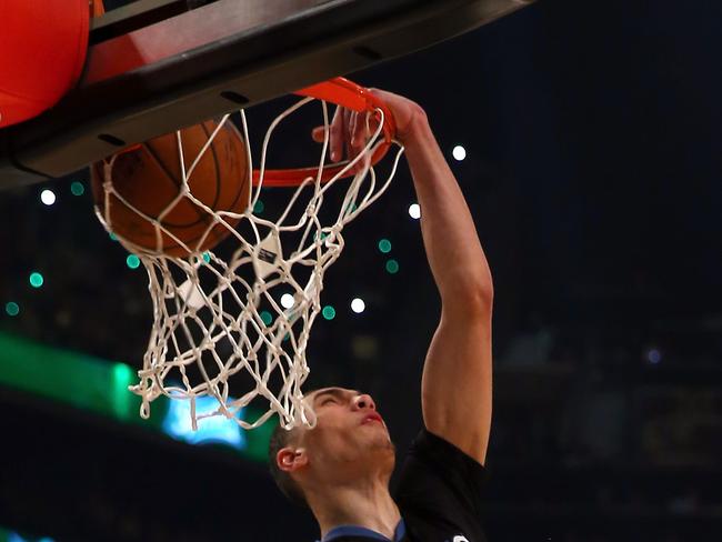 NEW YORK, NY - FEBRUARY 14: Zach LaVine #8 of the Minnesota Timberwolves competes during the Sprite Slam Dunk Contest as part of the 2015 NBA Allstar Weekend at Barclays Center on February 14, 2015 in the Brooklyn borough of New York City. NOTE TO USER: User expressly acknowledges and agrees that, by downloading and or using this photograph, User is consenting to the terms and conditions of the Getty Images License Agreement. (Photo by Elsa/Getty Images)