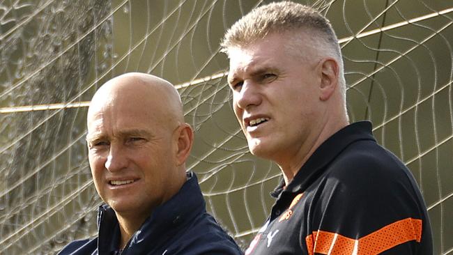 Nathan Brown from the Parramatta Eels with Jason McCartney during the GWS Giants training session on May 31, 2023. Photo by Phil Hillyard(Image Supplied for Editorial Use only - **NO ON SALES** - Â©Phil Hillyard )