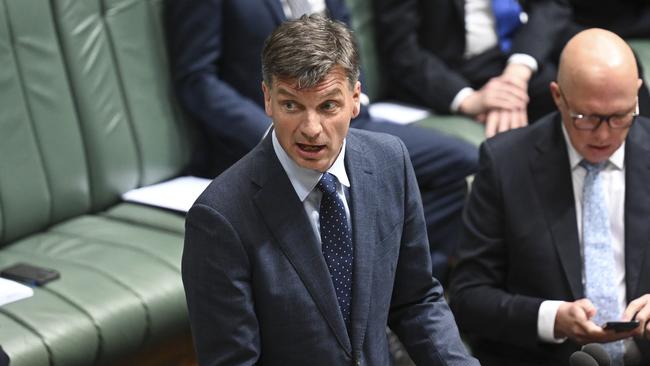 Angus Taylor has committed the Coalition to deregistering the CFMEU’s construction division. Picture: NewsWire / Martin Ollman