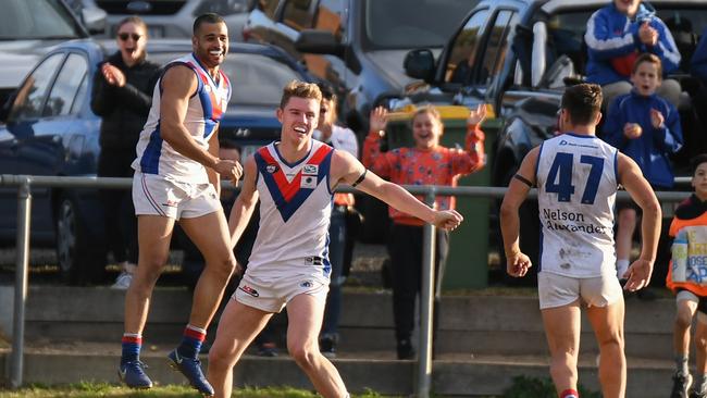 West Preston Lakeside's Ahmed Saad and Aiden Tilley celebrate a goal against Macleod. Picture: Nathan McNeill.