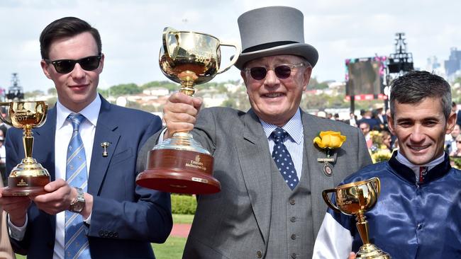 Lloyd Williams with trainer Joseph O'Brien and Corey Brown. Picture: Jay Town