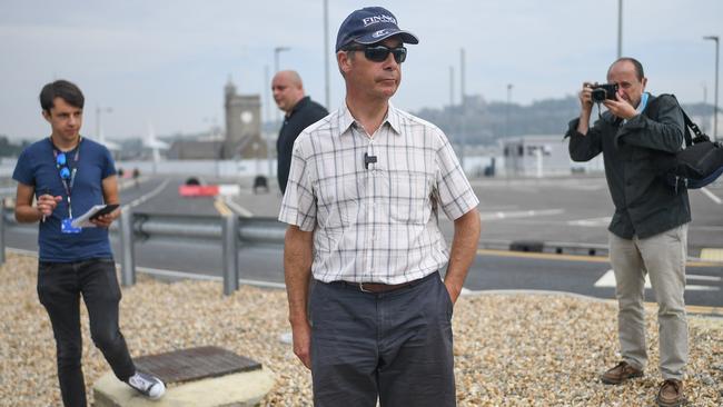 Nigel Farage records a video near Dover last week. Picture: AFP