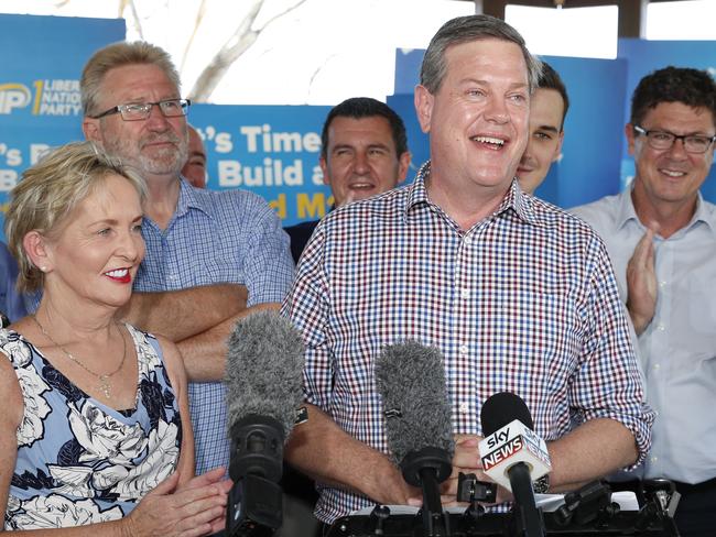 Queensland LNP leader Tim Nicholls, along with candidates from Gold Coast during a press conference at Broadwater Parklands in Gold Coast. Picture: AAP Image/Regi Varghese