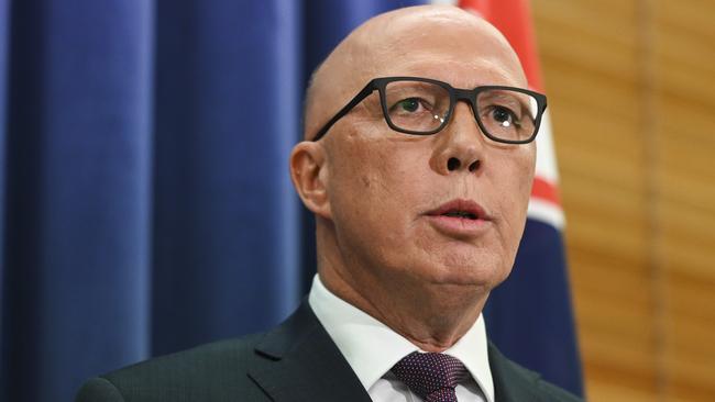 Peter Dutton is now not only gambling his leadership but also the near-term electoral viability of the Coalition on this one question, writes Simon Benson. Picture: NCA NewsWire / Martin Ollman