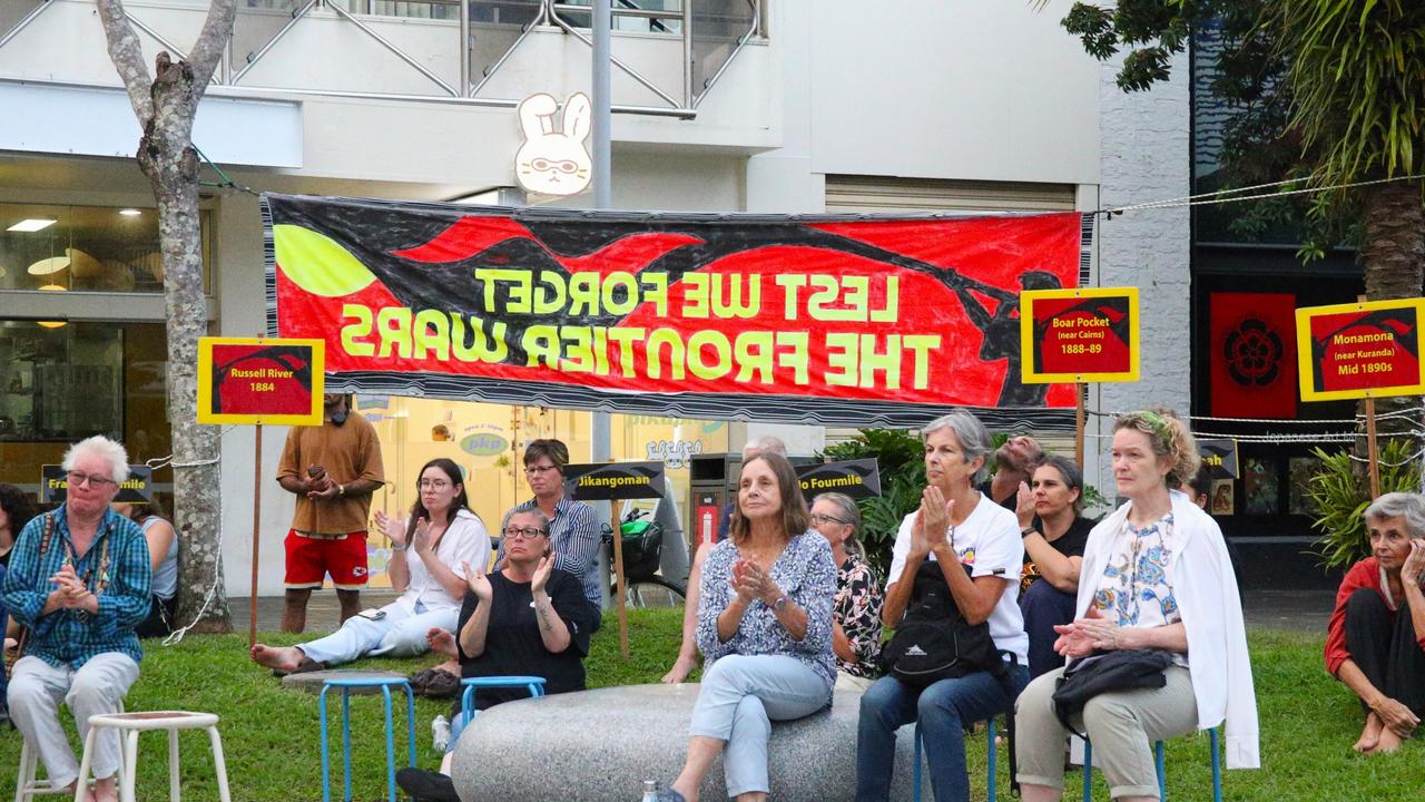 Attendees at the Gimuy Frontier Wars and Truth Telling Memorial in Cairns City on Thursday. Picture: Elodie Jakes