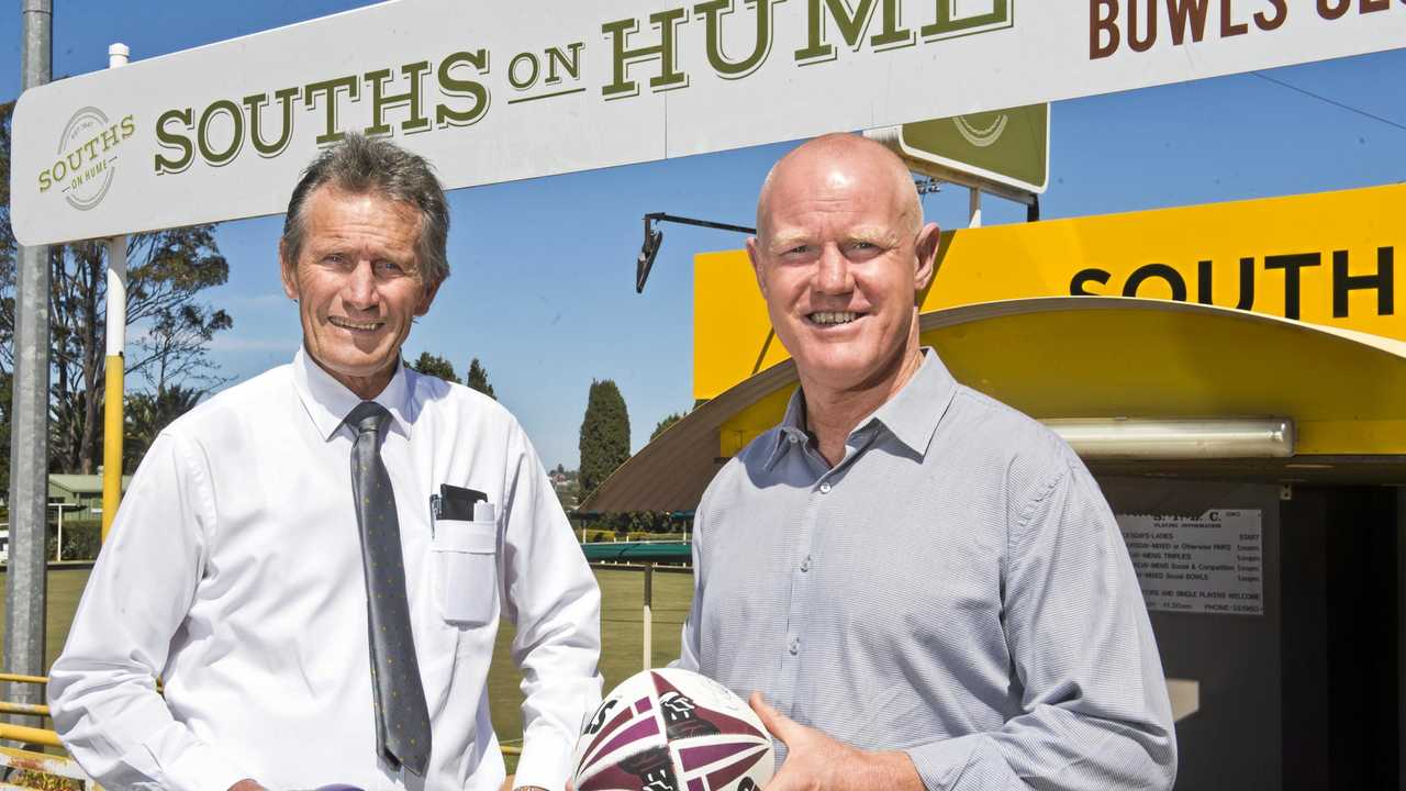 BIG DEAL: South Toowoomba Bowls Club chairman Phil Schultz (left) and Mustangs Leagues and All Sports Club president Tony Coonan discuss the new alignment of the two sporting groups. Souths' decision to amalgamate with MLASC is considered to be a key step to securing an Intrust Super Cup team for the region in the future. Picture: Nev Madsen