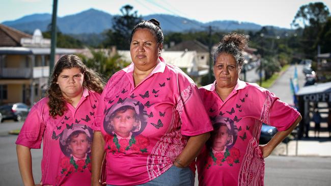 The family of Evelyn Greenup. from left, sister Marji Stadhams, aunt Michelle Jarrett and Evelyn’s mother Rebecca Stadhams in Bowraville. Picture: Lindsay Moller