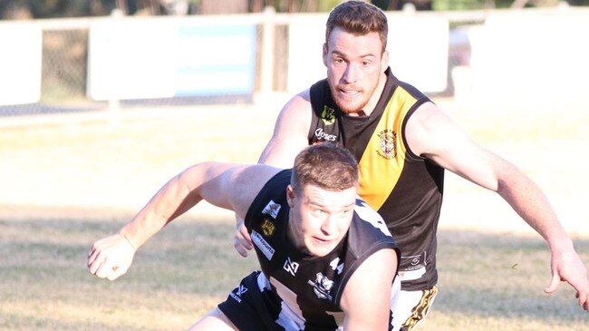 Lobethal playing coach Matt Fuller pursues Hahndorf’s Tom Babidge on Saturday. Picture: Aliza Fuller/Lobethal Football Club