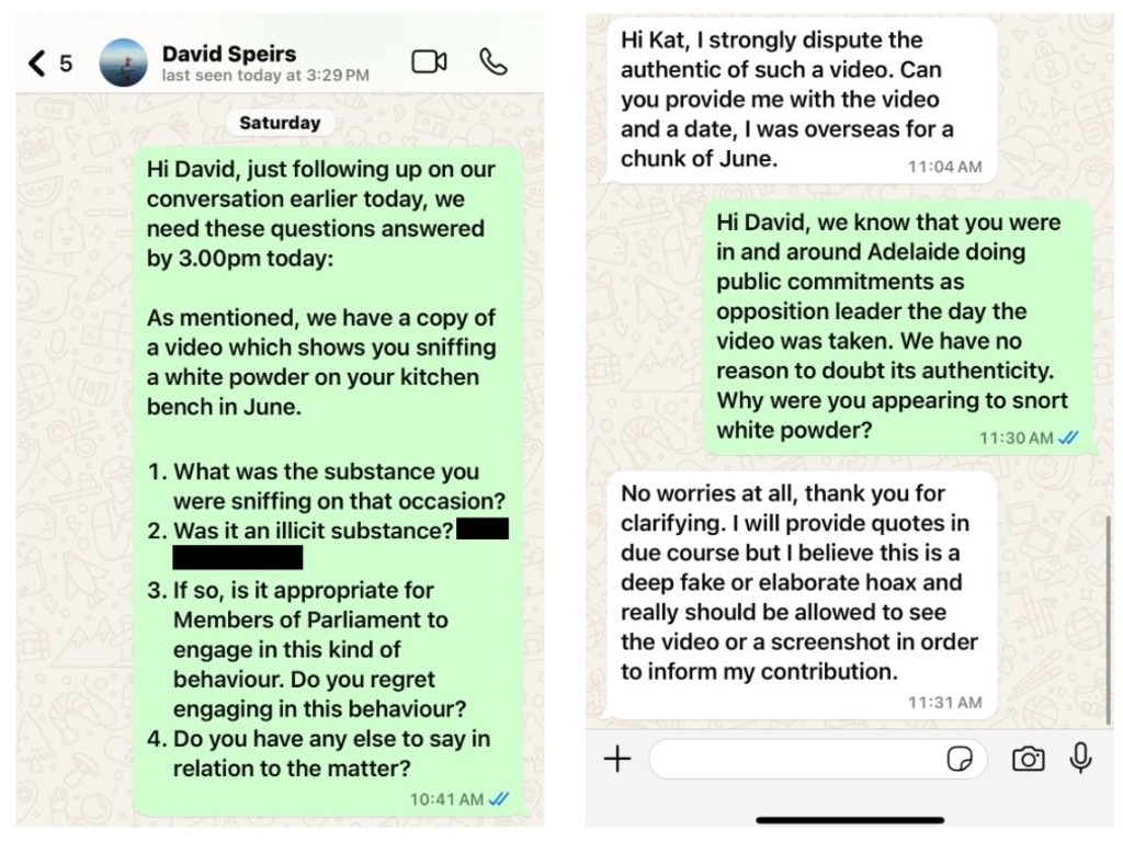 The WhatsApp message exchange between David Speirs and The Advertiser's Kathryn Bermingham on September 7.