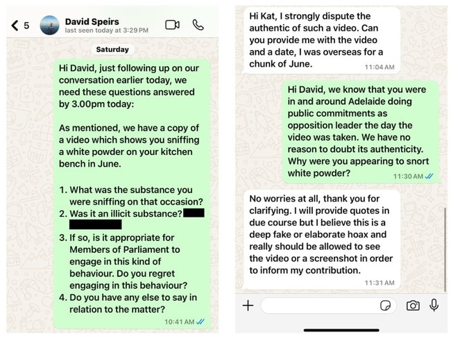 The WhatsApp message exchange between David Speirs and The Advertiser's Kathryn Bermingham on September 7.