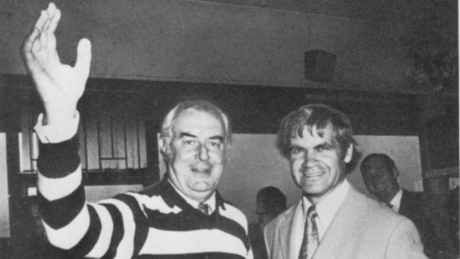 Gough Whitlam, sporting a Cats jumper, pictured with Graham "Polly" Farmer.