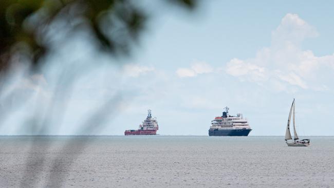 The cruise ship Caledonian Sky is currently moored off the coast of East Point, Darwin. The owners are in federal court trying to allow passengers to dock and disembark in the Territory. Picture: Che Chorley