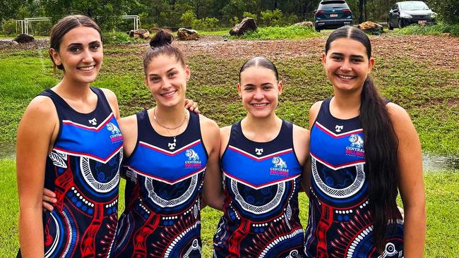 Michala Collins, Bella Boyd, Emma Forsyth and Rhania Hewitt (l-r). 2024 AFL Cairns CTB Bulldogs recruits from Southern Districts (NTFL). Credit: Centrals Trinity Beach Bulldogs Facebook