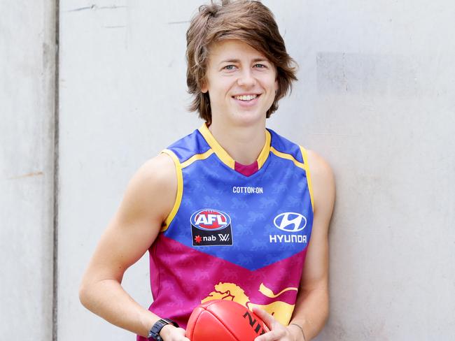 Nat Exon poses for a photo at The Gabba 9th February 2018Nat Exon will make her Lions debut on Sunday in their AFLW clash.Photo AAP/ Ric Frearson