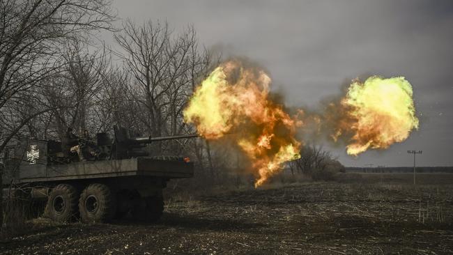 Ukrainian servicemen fire with a S60 anti-aircraft gun at Russian positions near Bakhmut this week. Picture: AFP