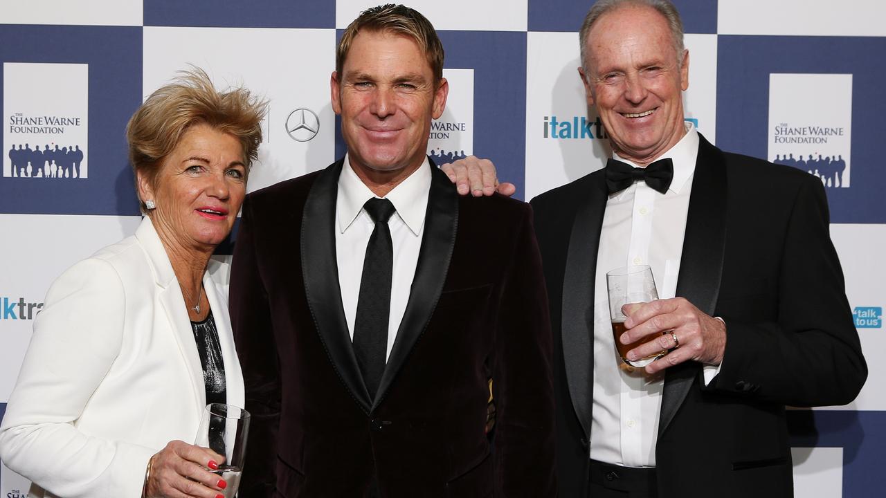 Shane Warne with his parents Brigitte and Keith at a Shane Warne Foundation event in 2015. Picture: Julie Kiriacoudis