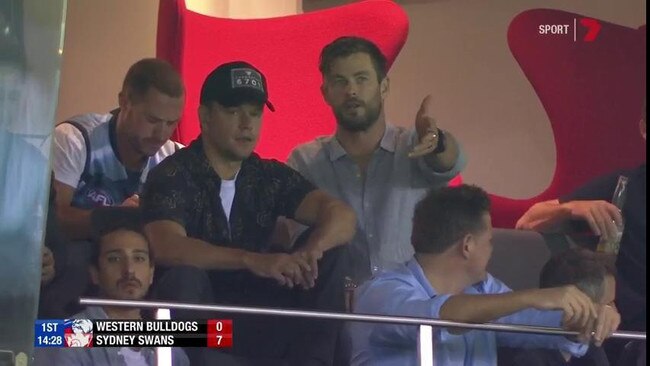 Damon and Hemsworth at Marvel Stadium for the AFL Bulldogs vs Sydney Swans game in 2019. Picture: 7 Sport