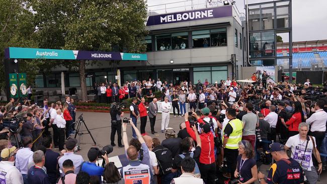 Grand Prix organisers announcing the cancellation of the Australian Grand Prix last year. Picture: AAP Image/Michael Dodge