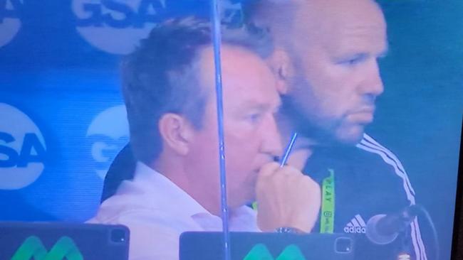 Trent Robinson in the box with All Blacks assistant coach Jason Ryan.