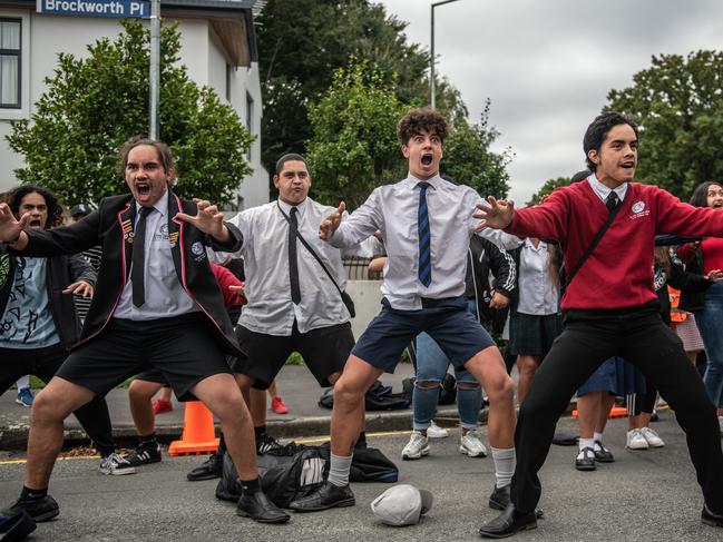 Teenagers  perform a Haka during a studentsvigil near the Al Noor mosque. Picture: Getty 