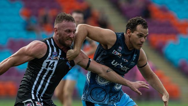 Adam Parry and Hassan Ahmat-Watkins as the Darwin Buffaloes took on the Palmerston Magpies in Round 14 of the 2023-24 NTFL season. Picture: Pema Tamang Pakhrin