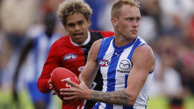 Jaidyn Stephenson played 122 AFL games across Collingwood and North Melbourne, kicking 130 goals. Pictured in action for the Kangaroos. Pic: Michael Klein