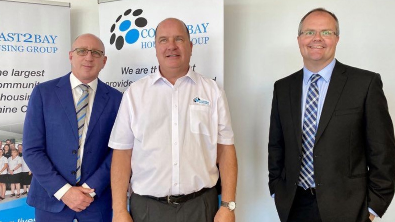 Assistant Minister for Community Housing, Homelessness and Community Services Luke Howarth (left) is pictured with Fairfax MP Ted O'Brien and Coast2Bay Housing chief executive Andrew Elvin.