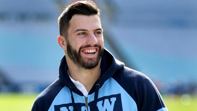 James Tedesco is all smiles during the NSW Blues team announcement at ANZ Stadium. Picture: Gregg Porteous