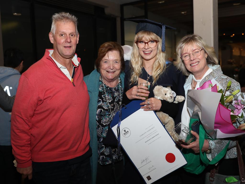 John Vander Reest, Maryanne Piening, Charlotte Vander Reest and Malinda Vander Reest. Deakin University graduation arts and SEBE faculty. Picture: Alan Barber