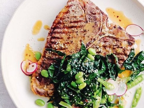 Beef steak with miso and sesame snap salad.