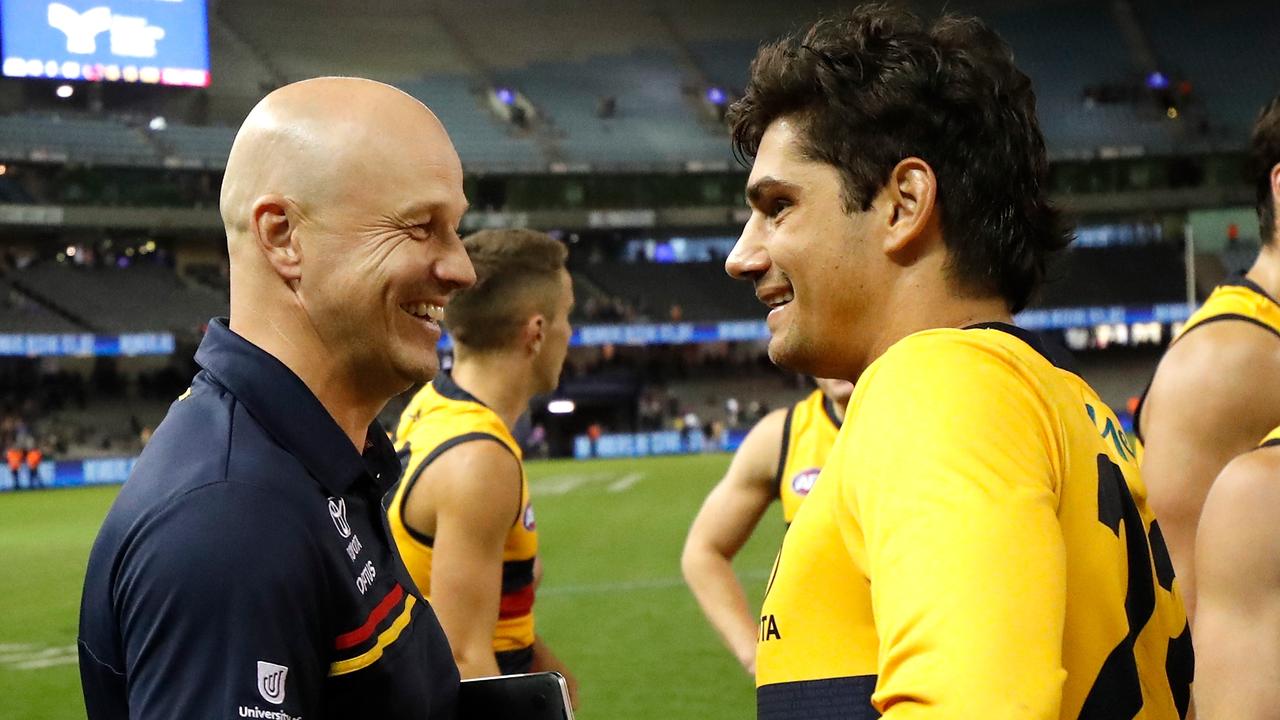 Matthew Nicks and Shane McAdam were all smiles after Adelaide’s runaway victory over North Melbourne. Picture: Michael Willson/AFL Photos via Getty Images