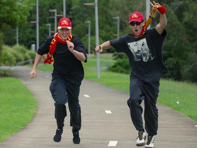 All the way from WA and running late are Suns fans Genjii Annert and Nash Margaria before the Suns V Freo at People First Stadium Cararra. Picture: Glenn Campbell