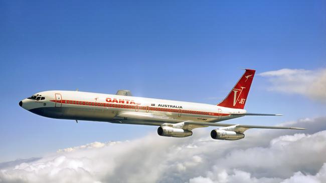 An aerial view of Qantas Boeing 747-338 ‘City of Geelong’, the last 707 delivered to Qantas in 1968. Its first revenue flight was a charter bringing migrants to Sydney from the UK and Athens.