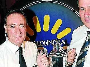 Press conference of Sunshine Coast Rugby Union premiership sponsored by Caloundra RSL. Caloundra RSL general manager Steve Fromont and SCRU president Glenn Ferguson with the premiership cup. Picture: Nicholas Falconer