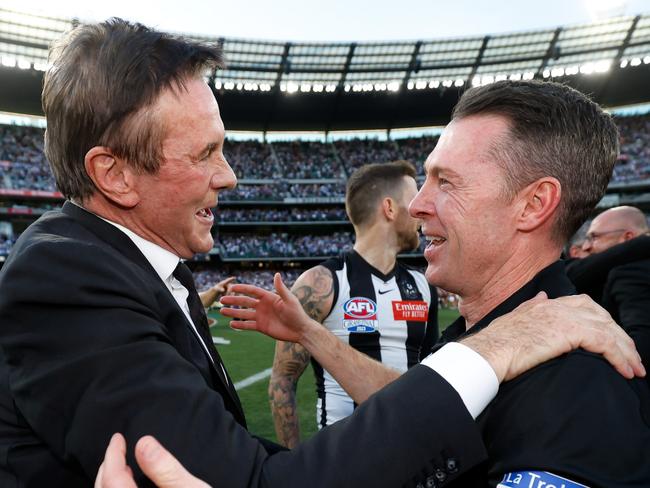 MELBOURNE, AUSTRALIA - SEPTEMBER 30: Collingwood President Jeff Browne and Craig McRae, Senior Coach of the Magpies celebrate during the 2023 AFL Grand Final match between the Collingwood Magpies and the Brisbane Lions at the Melbourne Cricket Ground on September 30, 2023 in Melbourne, Australia. (Photo by Dylan Burns/AFL Photos via Getty Images)